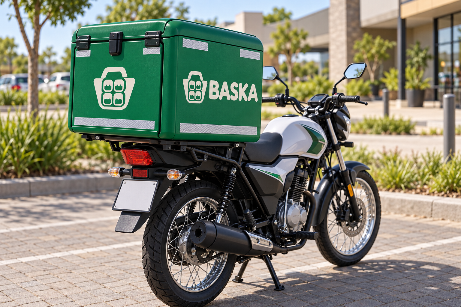 Baska delivery motorcycle with a green branded delivery box