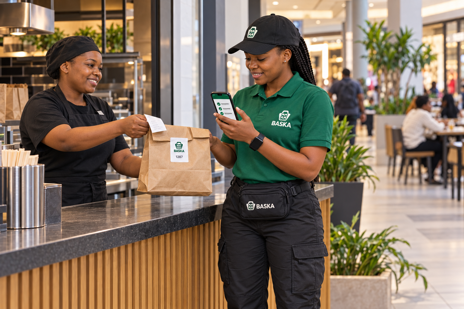 Baska runner collecting a labelled store bag from a restaurant counter